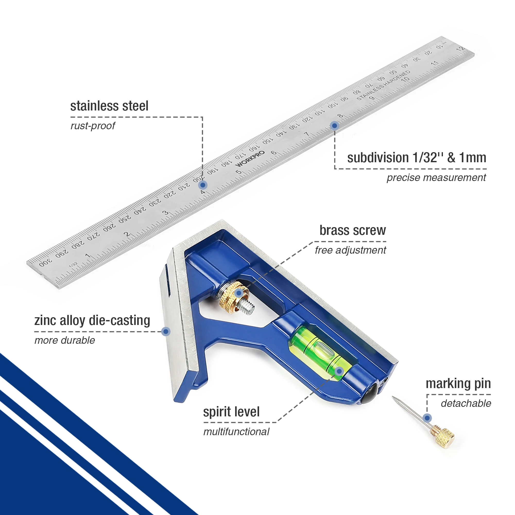 WORKPRO 12inch Combination Square Stainless Steel Angle Ruler Adjustable Carpentry Square with Bubble Level for Engineer Carpent