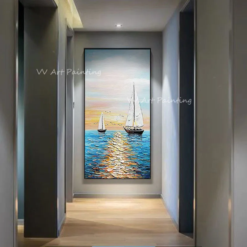 Large Size Ocean Boat Thick Blue Nordic Handpainted Oil Painting Blue Modern Wall for Living Room Luxury Home Living Room Decor