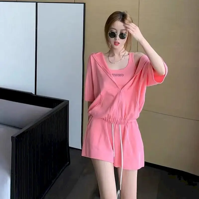 

Womens Suit Leisure Sports Suit Cardigan Hoodies High Waist Vest Wide Leg Pants Fashion Running Three-piece Sets 2024 Summer New