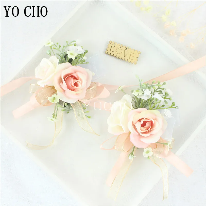 Casamento noivo boutonniere noiva dama de honra mulher mão pulso flor de seda rosa boutonniere buttonhole para festa de casamento flor