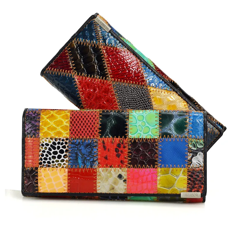 Fashion Autumn Shining Genuine Leather Wallets for Women Long Bracelet Clutch Purse Patchwork Design Female Card Holder Coin Bag