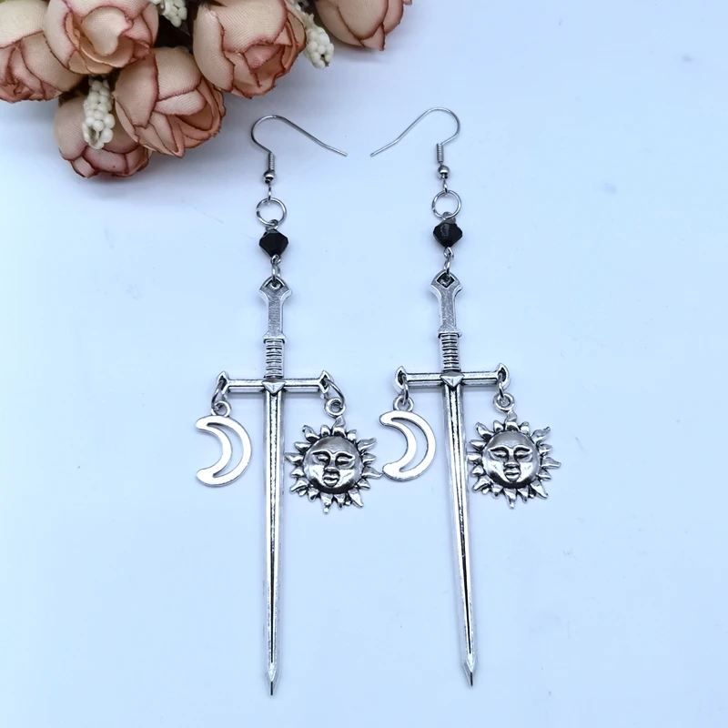 

New Style Black Crystal Sword Earrings, Stars, Moon, Sun, Punk, Gothic Jewelry, Vampire Earrings