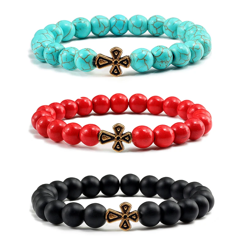 New Natural Stone Lava Beaded Bracelet for Men Women Alloy Christian Jesus Cross Bracelets Bangles Yoga Prayer Fashion Jewelry