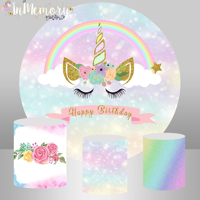 

Round Circle Background Birthday Cake table Party Decor Baby shower Rainbow Unicorn Birthday Backdrop Cylinder Plinth Covers