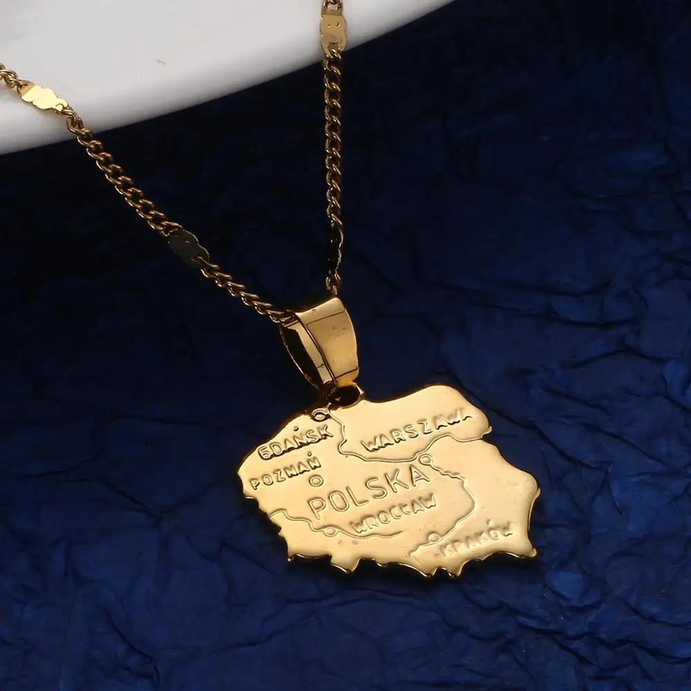 Gold Color Polska Map Pendants Necklace for Women Fashion Map of Poland Jewelry