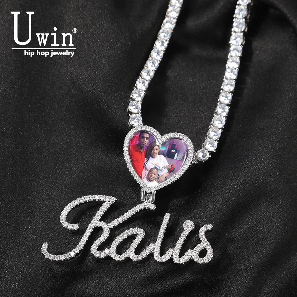 

Uwin Custom Name Picure Pendant Heart Hook Cursive Letters Necklaces Hip Hop Jewelry AAA Cubic Zirconia Fashion