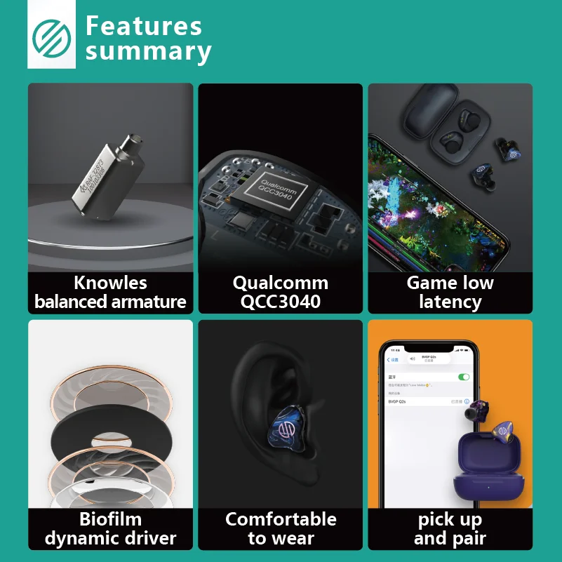 Bgvp q2s fones de ouvido sem fio tws bluetooth5.2 estéreo de alta fidelidade baixa latência esporte impermeável in-ear fones de ouvido com mic standby 28h