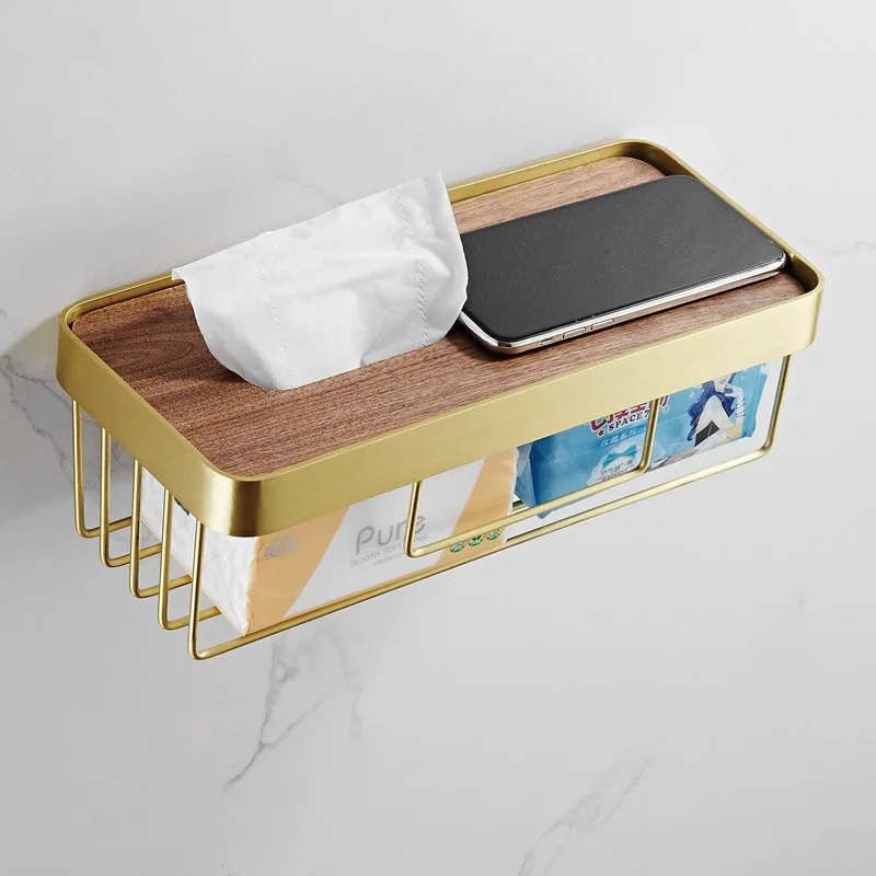 Brushed Gold Aluminum & Walnut Lid Bathroom Shelf Basket Tissue Paper Cosmetic Shampoo Storage Rack Nail Punched Wall Mounted