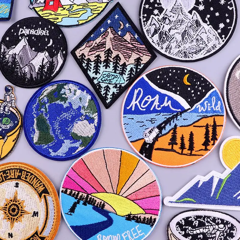 Embroidered Patch Mountain Badge Iron On Patches For Clothing Outdoor Applique Fusible Patch DIY Van Gogh Stripes On Clothes