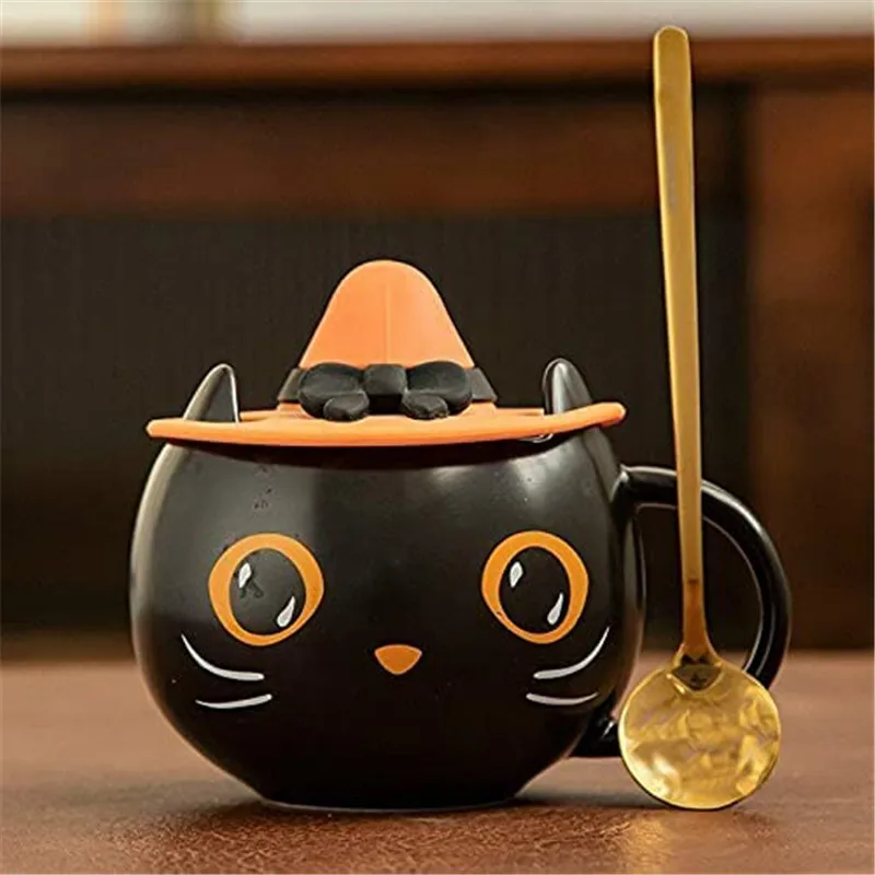 300ml Creative Cute Black Cat Cup Ceramic Coffee Mug with Handle Halloween Magic Hat Tea Milk Cup Family Couples Friend Kid Gift