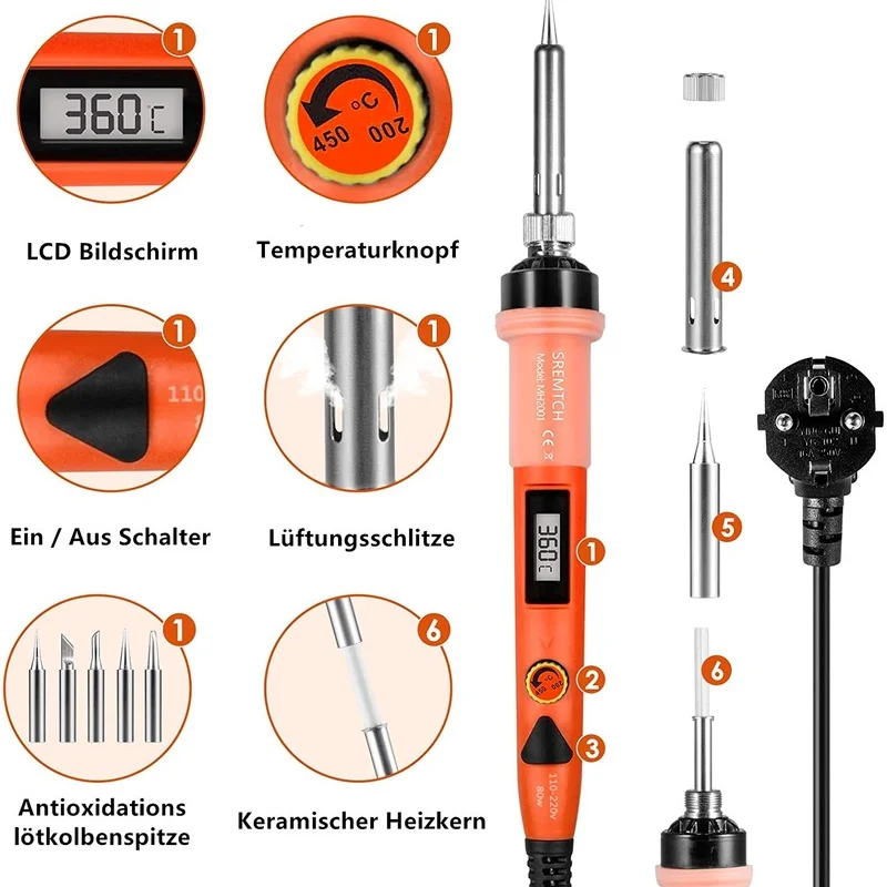 80W 납땜 인두 키트 조정 가능한 온도 110V/220V LCD 솔더 용접 도구 세라믹 히터 납땜 팁 디 솔더링 펌프