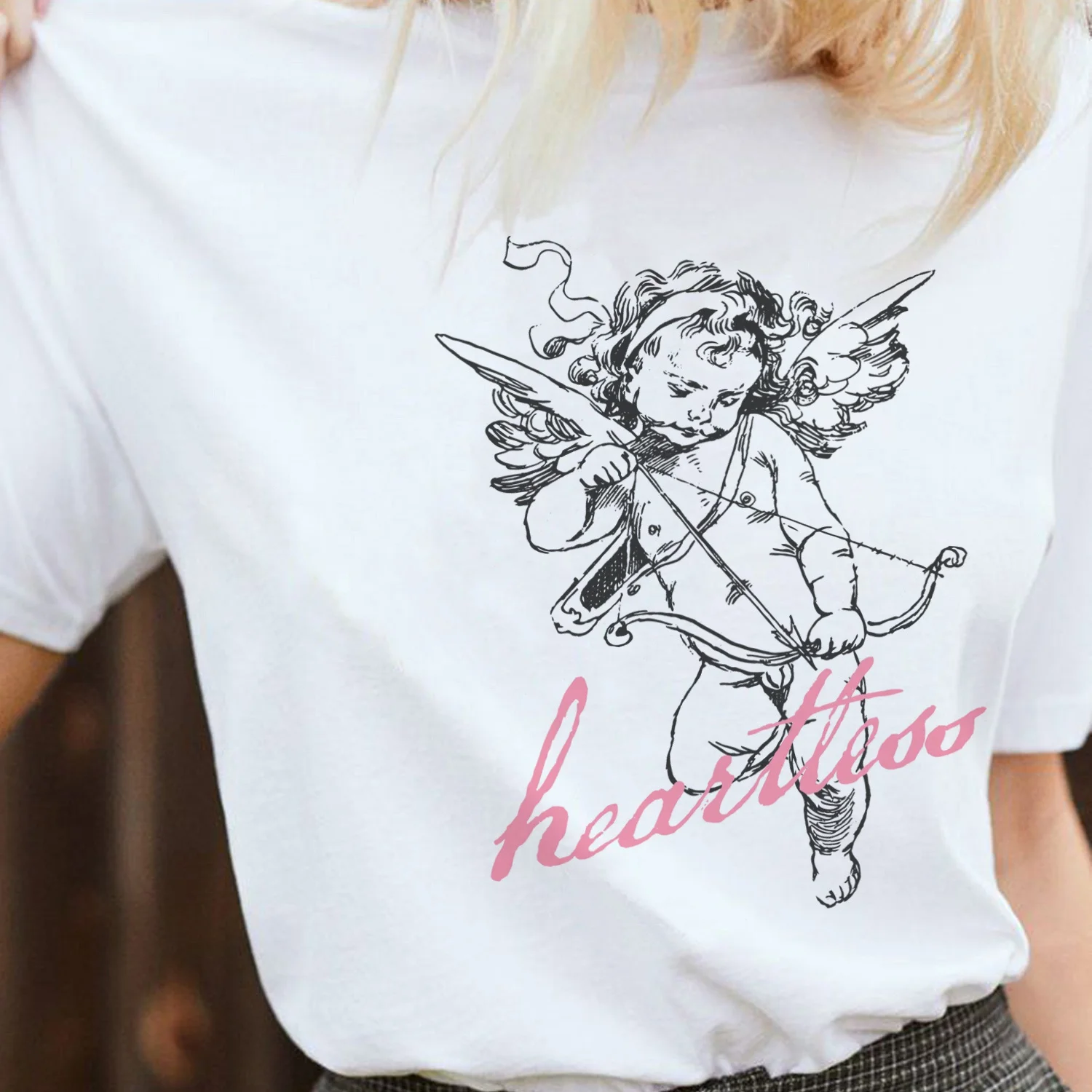 Retro Style Women Cupid Print T-Shirt Street Style Oversized Cute Aesthetic Tee Fashion Tumblr Shirt Cotton Ladies Top