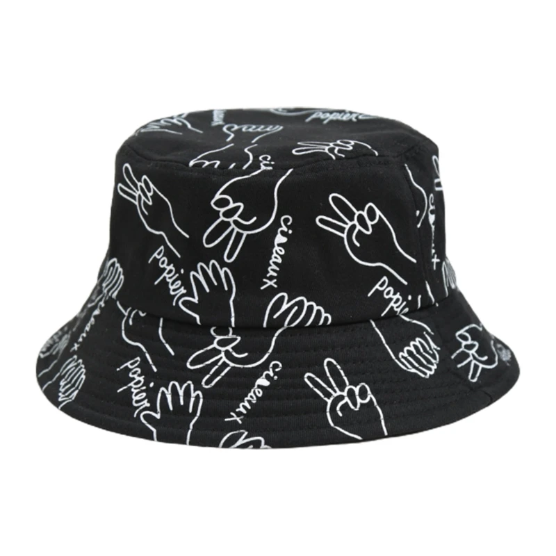 Japanese Women Men Rock Paper Scissors Printed Bucket Hat Harajuku Hip Hop Outdoor Sunscreen Foldable Cotton Pana