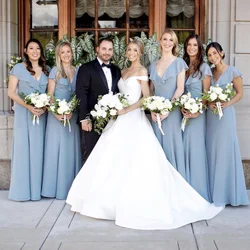 2021 Dusty Blue Bridesmaid Dress Deep V-Neck Ruffles Cap Sleeve A-Line Floor Length Simple Wedding Party Robe Gown Tailor-Made