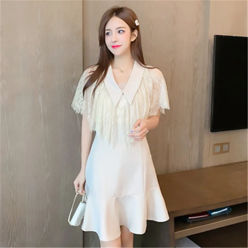 Mini dress real shot 2025 summer new sweet lady temperament v-neck lace ruffled waist short sleeve dress women