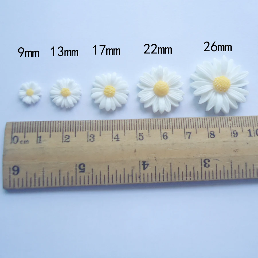 50pcs/lot 9mm-22mm White Flat Back Daisy Resin Flowers Cabochon Beads For Cell Phone Case Decoration Jewelry Making Diy Supplies
