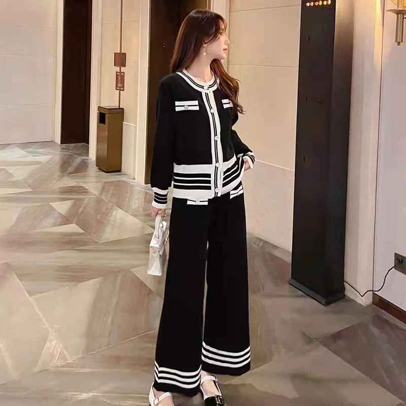 

Korean Elegant Striped Slim Knitted Short Cardigan 2 Piece Sets O-Neck Knitwear Tops Outfit White Wide Leg Capris Pant Tracksuit