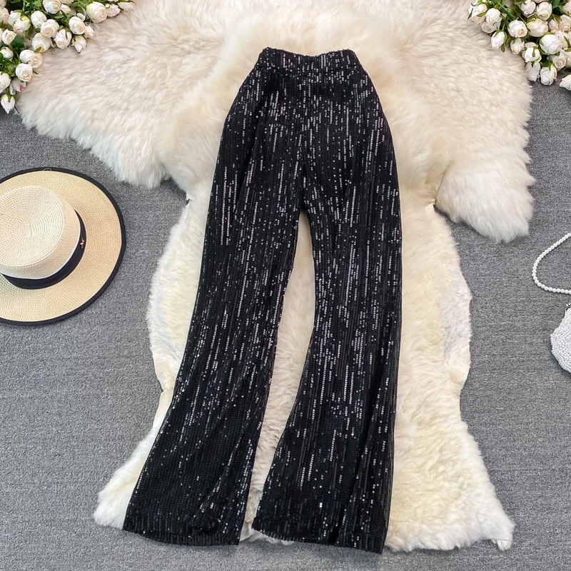 Autumn Winter Korean New Elastic Waist Girl Fashion Sequin Pants Women Leisure High Waist Thin Wide Leg Straight Glitter Pants