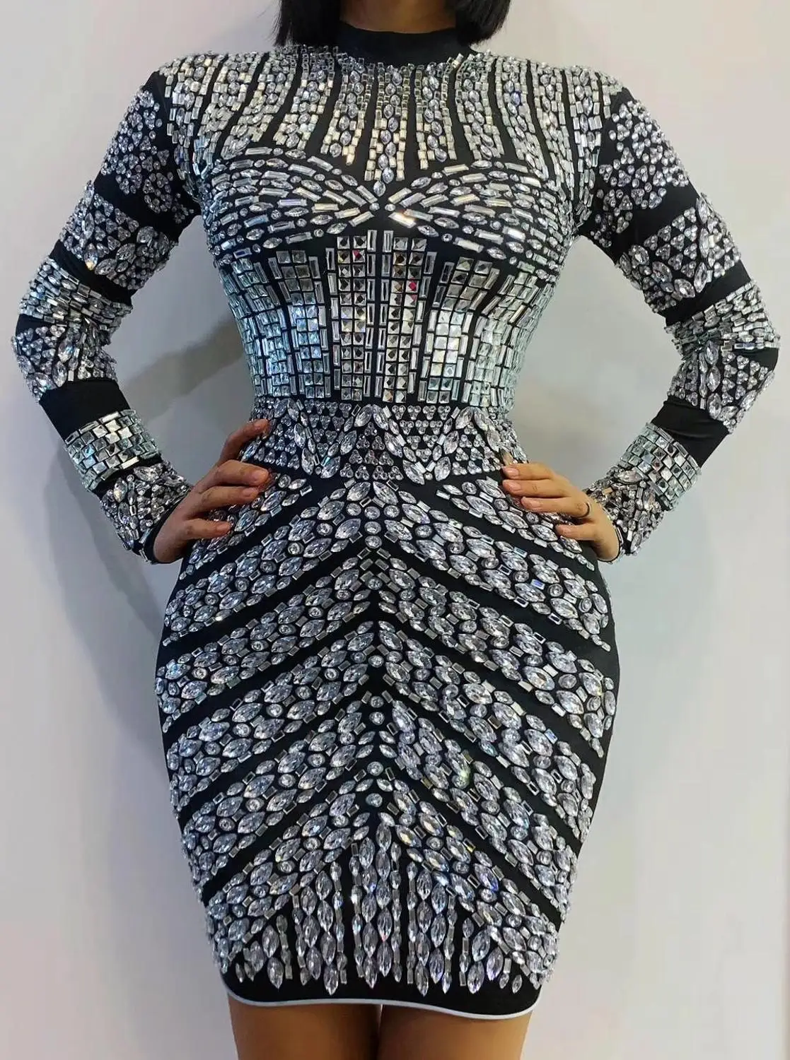 Robe Sexy en cristal Super brillant pour femmes, tenue de soirée d'anniversaire, de bal, à manches longues, moulante, Costume extensible de danse