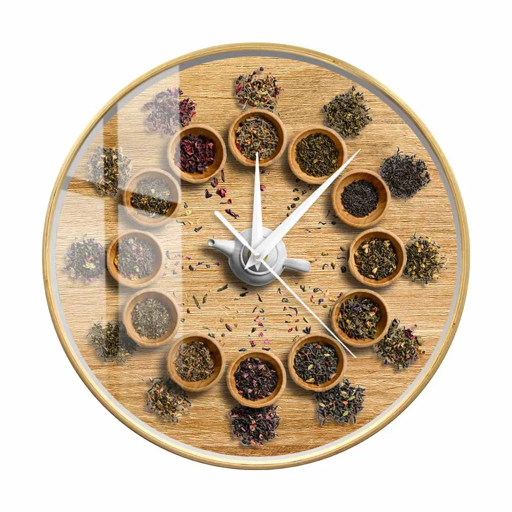 Tea Sets Modern Design Novelty Wooden Frame Wall Clock Silent Non Ticking Sweep Clock For Coffee Shop Kitchen Tea House Decor