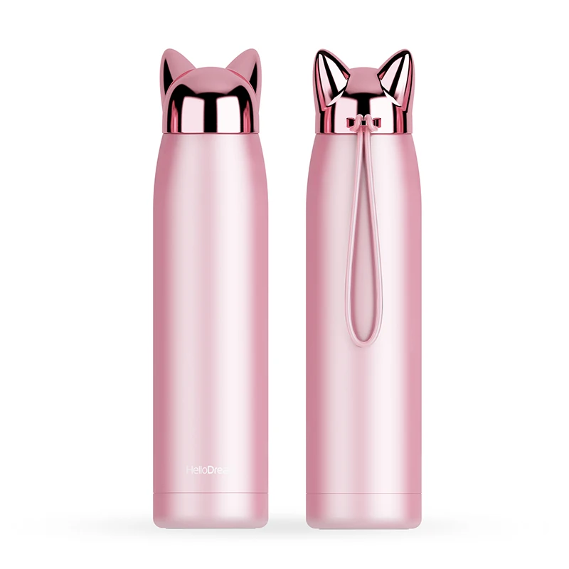 320ml/11oz Double Wall Thermos Cute Cat Fox Ear Thermal Water Bottle Stainless Steel Vacuum Flasks Logo Custom Gift Cup