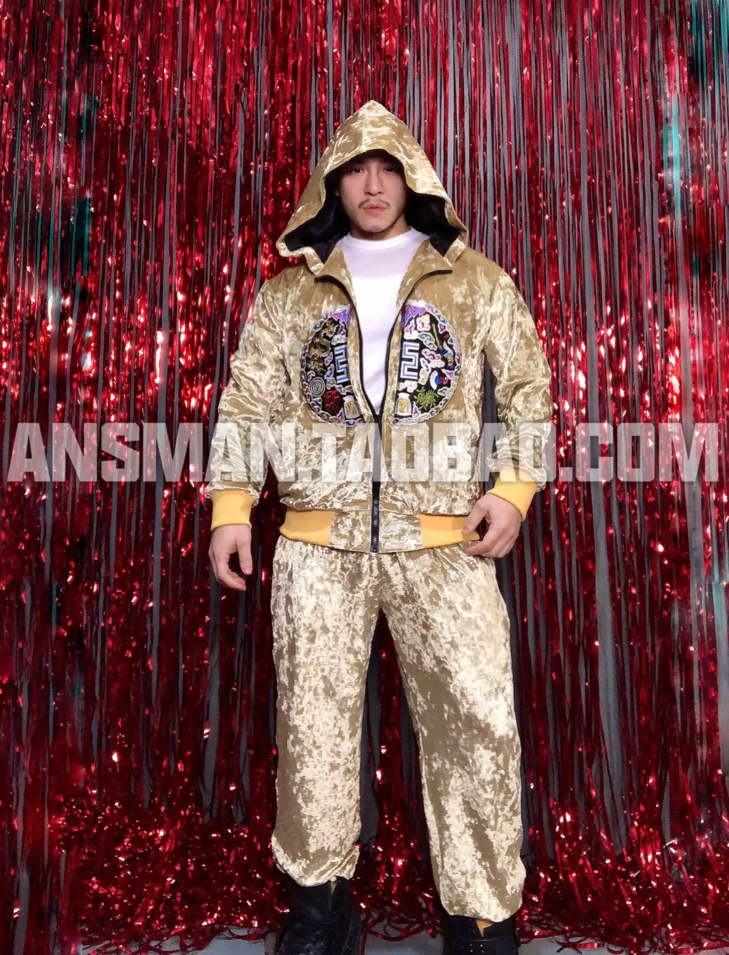 

Chinese Style Men's Embroidery Golden Baseball Jacket Costumes set Nightclub bar male Singer Dancer Stage Show Performance cloth