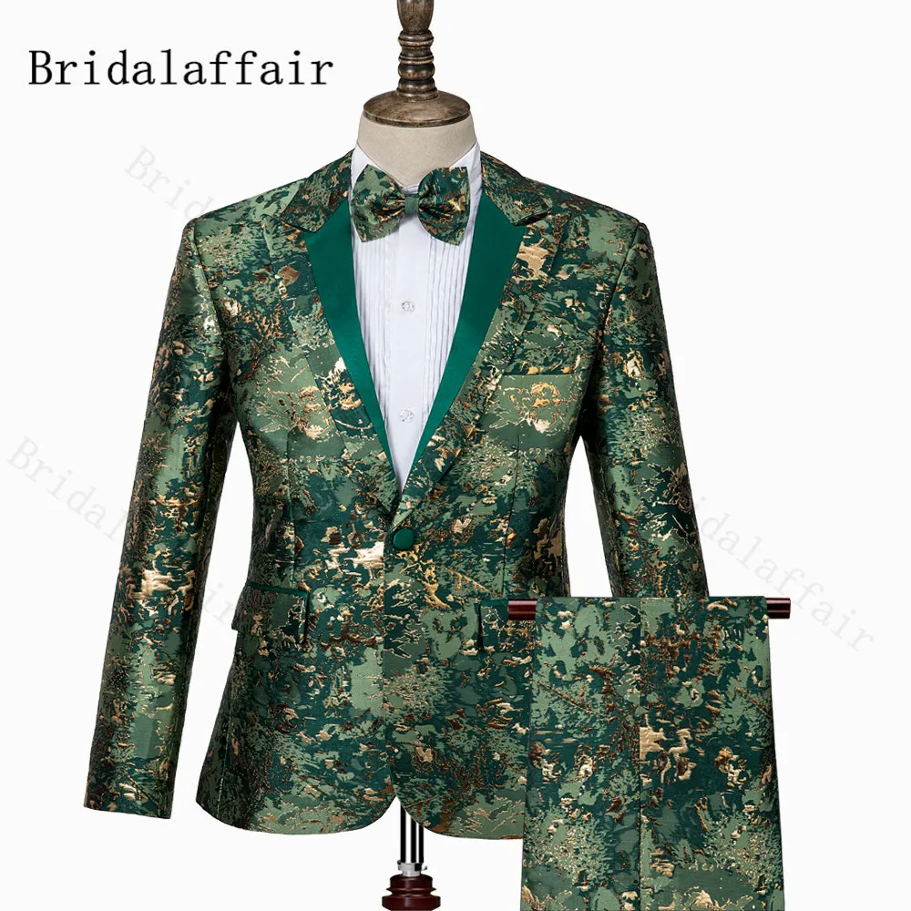 

Bridalaffair Most Popular Army Green Embroidery Pattern Men's Blazer Pants set Custom Made Fashion Groosmen Best Man Tuxedos