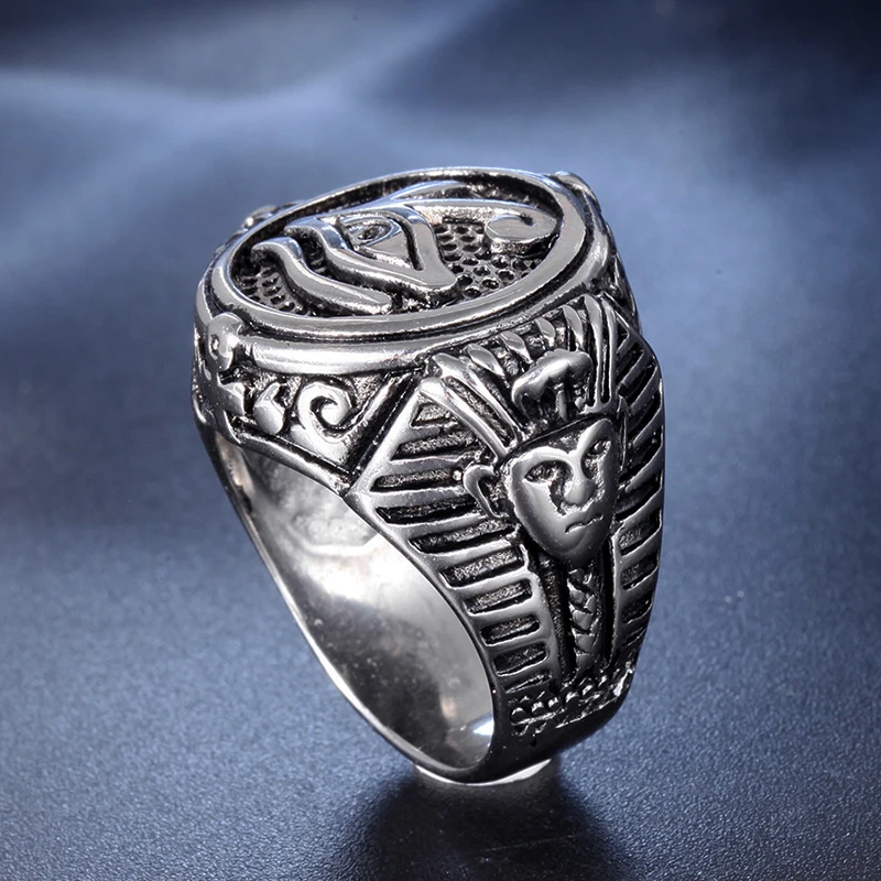 Vintage Ancient Egypt Eye of Horus Ring Stainless Steel Egyptian Pharaoh Statue Signet Ring Men Gothic Punk Rings Jewelry