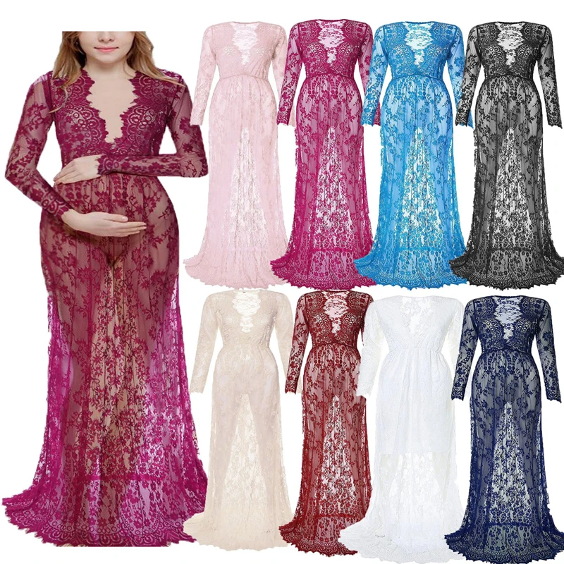 

Summer Pregnant Lace Dress Women Front Split Long Maxi Maternity Multicolor Gown Photography Prop See Through