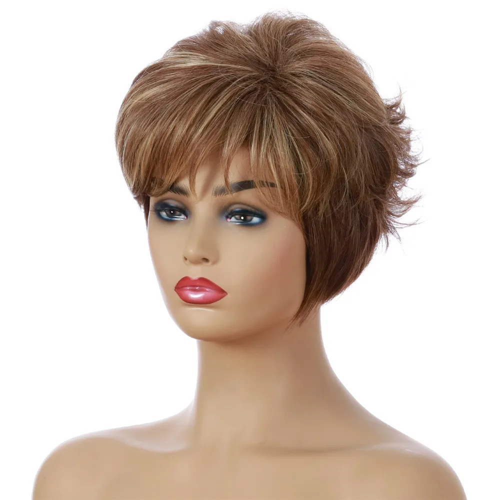 Women Short Bloned Brown Mix Hair Wigs Synthetic Wigs Daily For White Black Women