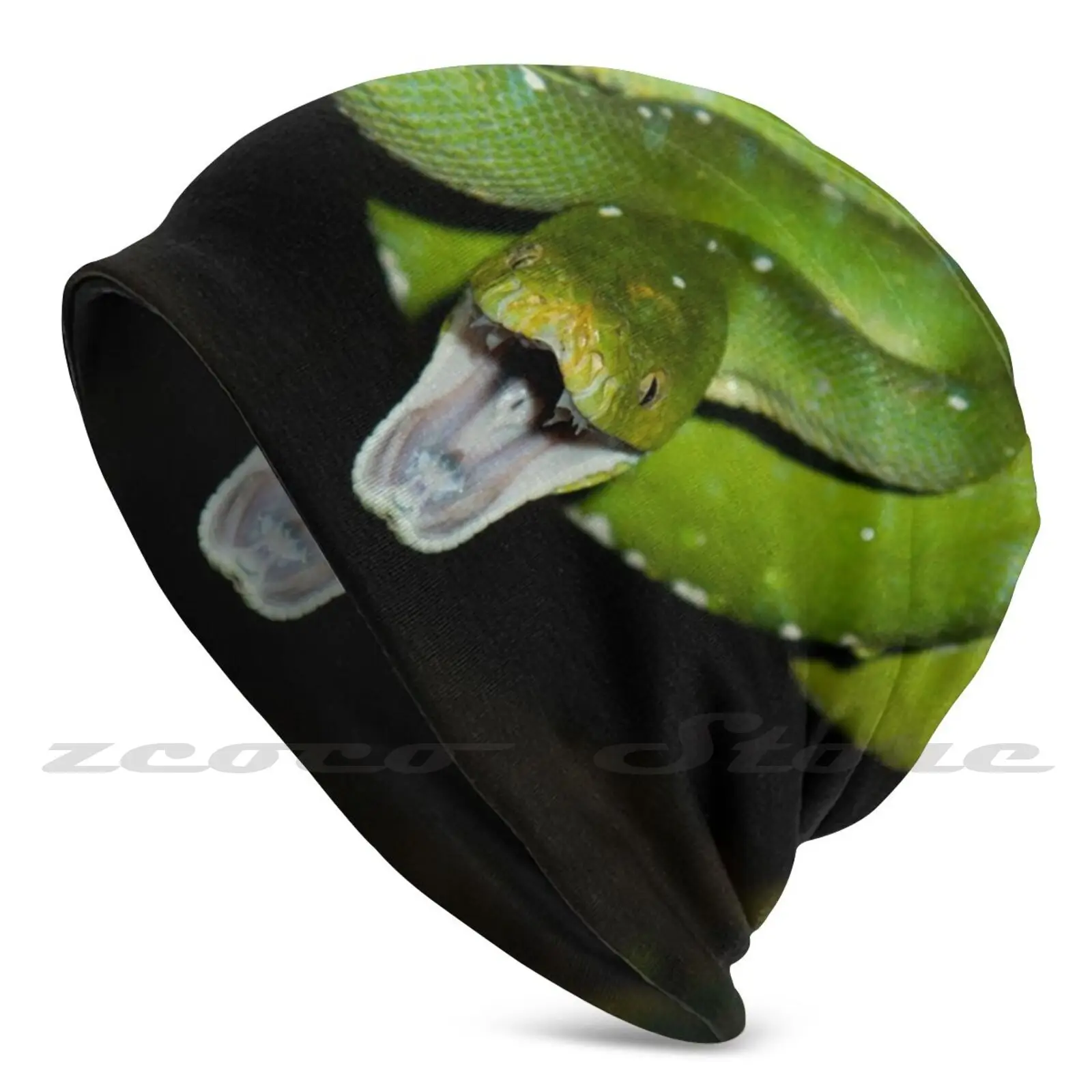 Back Off-Green Tree Python Biting Personalized Pattern Knit Hats Plus Size Elastic Soft Cap Snake Reptile Python Tree Green