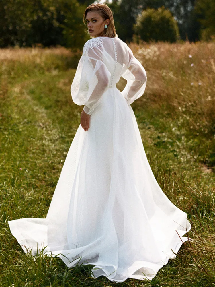 Eine Schulter EINE Linie Hochzeit Kleid 2021 Volle Puff Ärmeln Backless Abnehmbare Sweep Zug Appliques Tüll Robe De Mariée Einfache