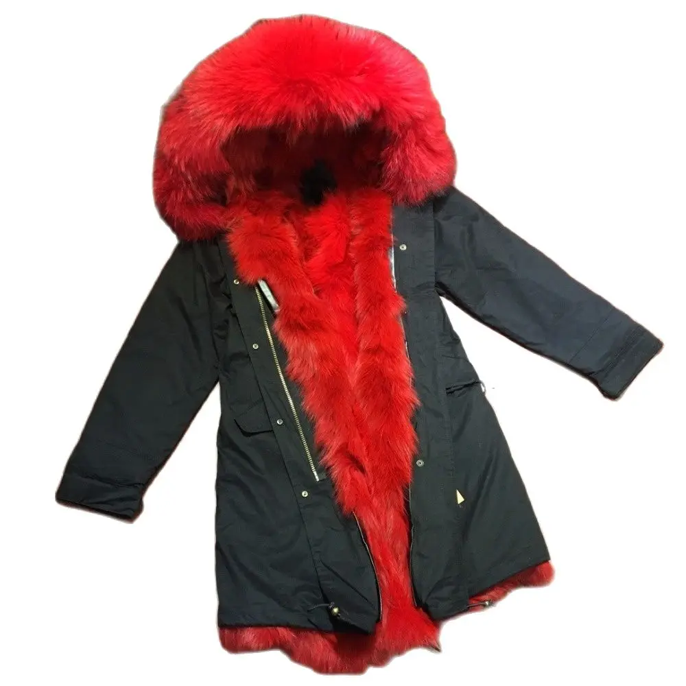 Mhmkro Bright Red Fox Fur Lined Top Quality Winter Real Furs Outwear High Street Red Fox Coat