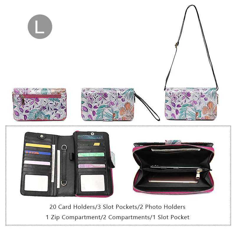 SC Women Genuine Leather Wallet RFID Blocking Multi Card Holders Coin Purse Stylish Flower Pattern Clutch Bag Ladies Long Wallet