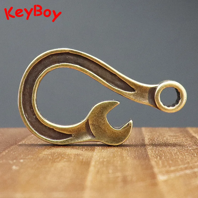 Retro Handmade Brass U type Bend Wrench Hook Keychains Pendants Copper Spanner Keyrings Hanging Car Key Holders DIY Accessories