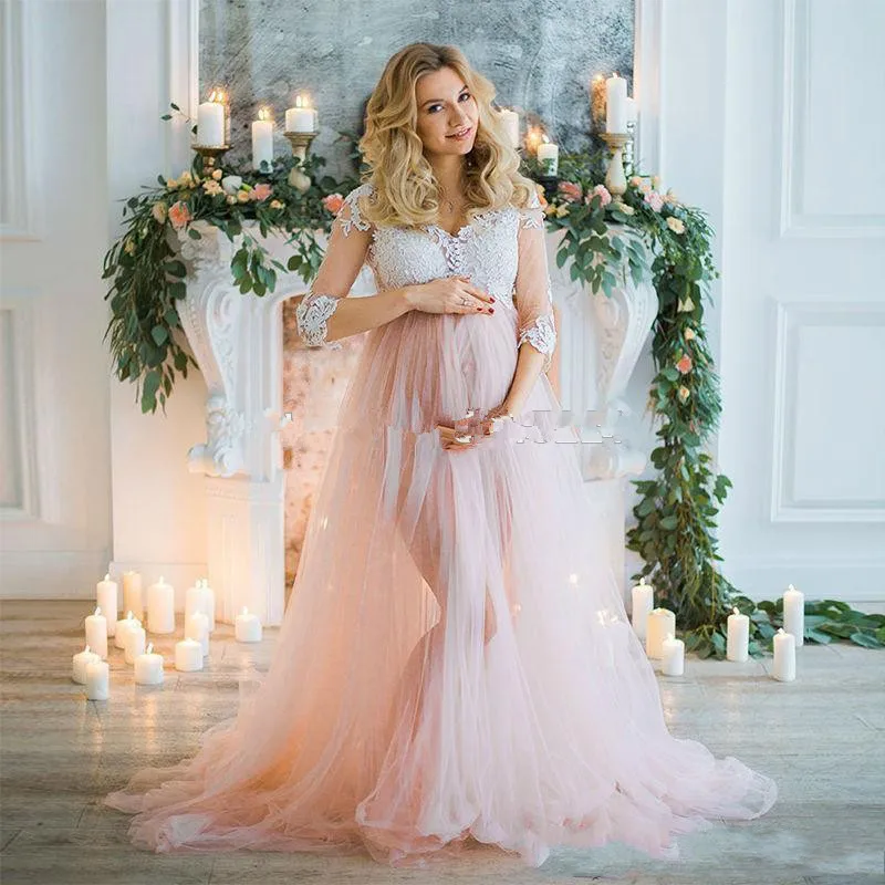 Pink Pregnant Women Robe 2020 New Ruffles Lace Party Sleepwear Custom Made Nightgown Robes Puffy Skirt Photography Boudoir Pajam