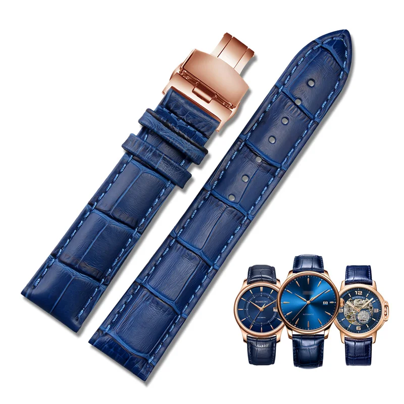 Leather Watchband Black Blue Cowhide Strap Butterfly Buckle Fits All Brands of Watches Men Women 12/14/15/16/18/19/20/22/23mm