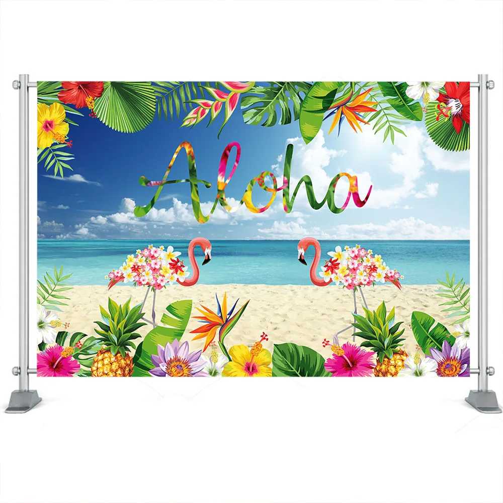여름 생일 파티 알로하 배경 장식 해변 플라밍고 하와이 파티 바다 서핑 열대 사진 배경, 사진 스튜디오