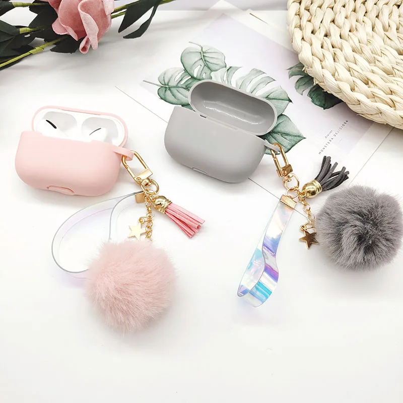 ピンクのシリコンairpodspro 3ケース,bluetoothイヤホン用,かわいい星型のタッセルとヘアボール付きのキーホルダー,airpods 2/1