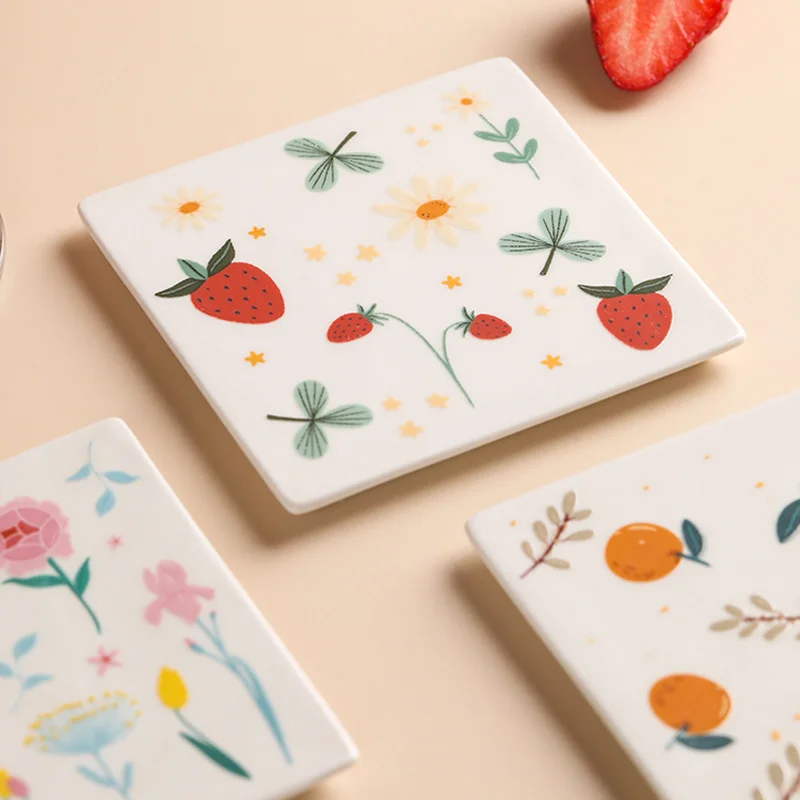 Japan Style Ceramic Square Cup Drink Coasters Lovely Fruits Prints Heat Insulation Pads Anti-Skip Bowl/Pot Holder Placemats