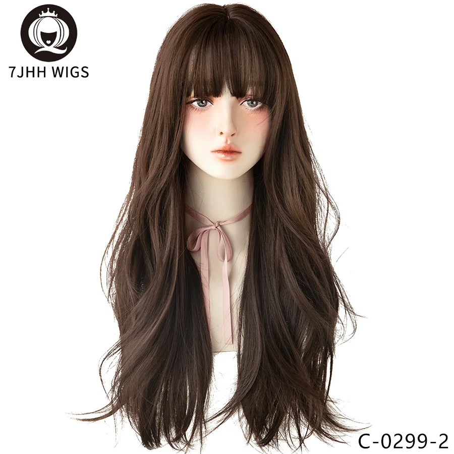 Women's Black Brown Long Wavy Synthetic Wig with Fluffy Bangs