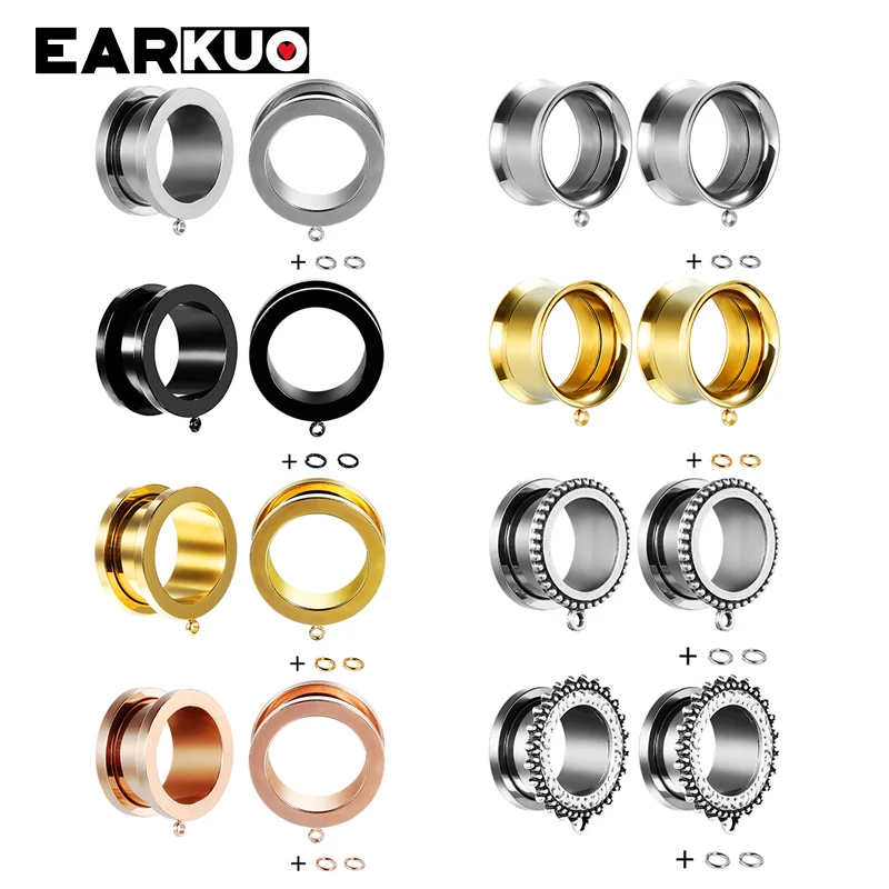 EARKUO Stainless Steel Ear Plugs Tunnels Screw DIY Pendant With Hanging Loop Gauges Expanders Body Piercing Jewelry Earrings