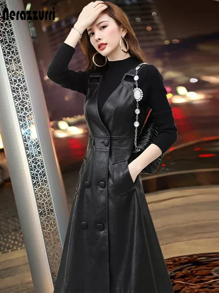 Nerazzurri Summer long black pu leather dress women strap midi faux leather dresses for women 2021 Womens Elegant Korean fashion