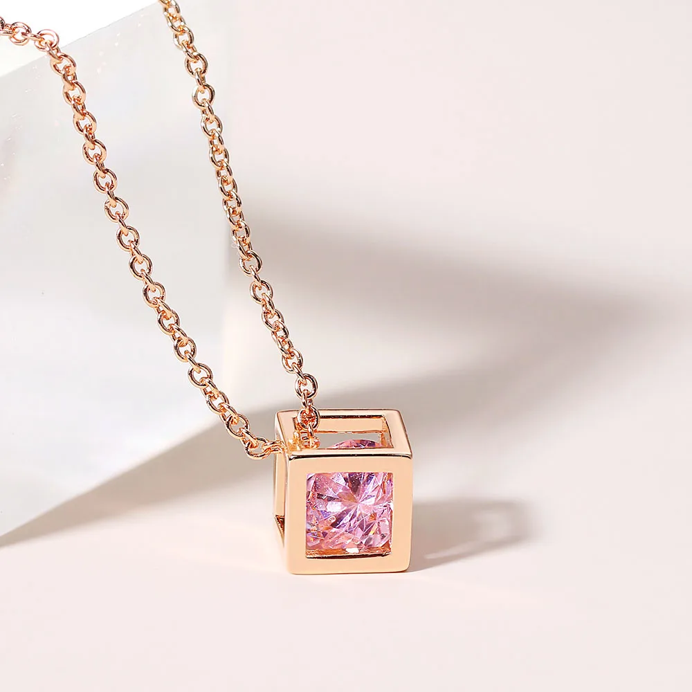 Hollow Out Cube Crystal Pendant Necklace For Women Kpop Colorful Zirconia Rose Gold Color Choker Chain On The Neck Jewelry N425