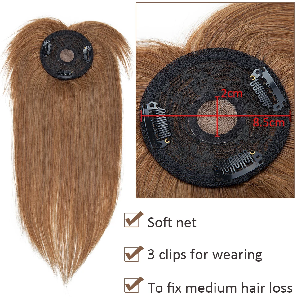 S-noilte 8.5x8.5cm Hair Topper 100% Human Hair Cilps Silk Base Wigs With Bangs Hairpiece Clip In Hair Extensions Natural Hair