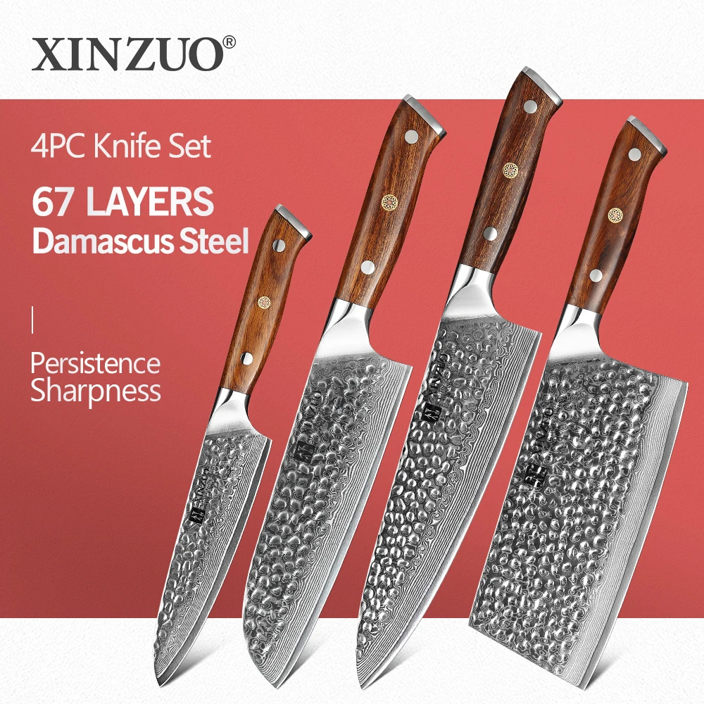 

XINZUO, 4 шт., набор кухонных ножей Santoku Chef, японские кухонные ножи из дамасской стали VG10, ручка из железного дерева
