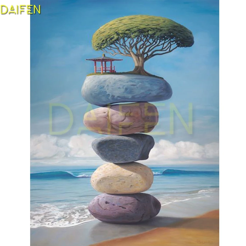 Full Round Diamond painting Cross stitch Pavilion waves Full Square Diamond mosaic Sea stone tree DIY Diamond embroidery scenery