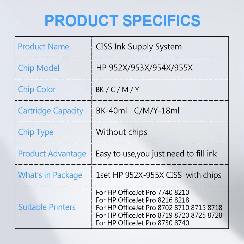 For HP 952 953 954 955 952X 953X 954X 955X CISS Continuous Ink Supply System Without Chips For HP 7740 8210 8710 8720 8730 8740