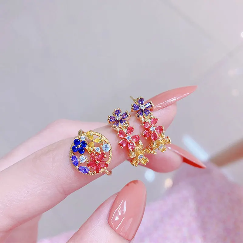 Minimalist Rings Colorful Flower AAA Zircon Adjustable Ring Vintage Exquisite Luxury Ring Cute Daily Fine Rings Accessories Gift