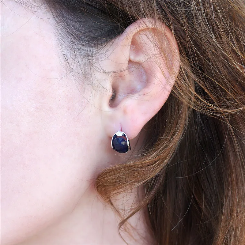 GEM\'S BALLET Natural Oval Sapphire Gemstone Earrings Jewelry 925 Sterling Silver Office Solid Blue Stud Earrings For Women Gift